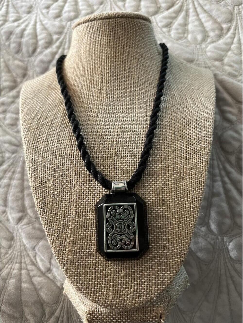 Brighton FACETS Black Silver Corded Pendant Necklace Retired Adjusts 16” - 18”